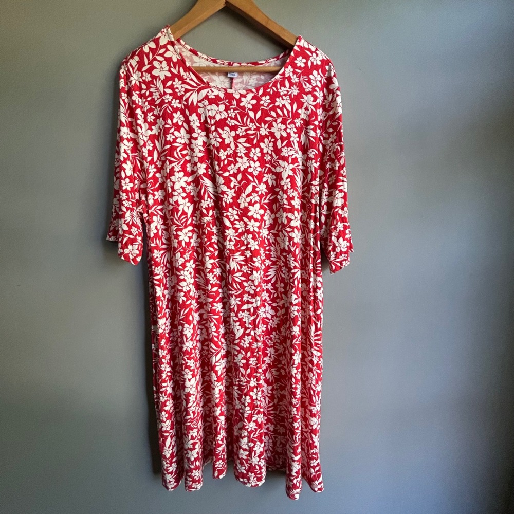 Old Navy Womens XXL Red White Floral Jersey Knit Elbow Sleeve Shift Dress
